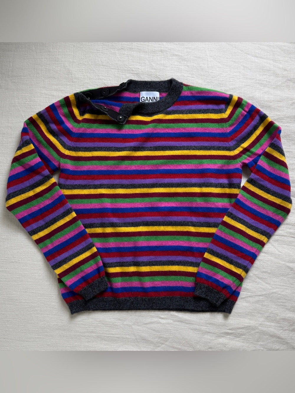 GANNI 100% Cashmere Colorful Striped Sweater Size M Snap Button